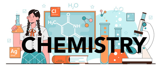 Chemistry school lesson web banner or landing page set. Student learning