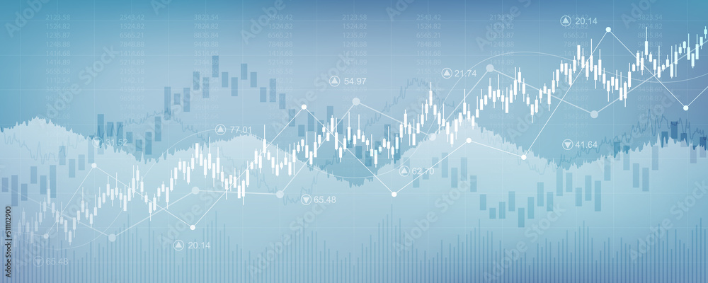 Wall mural abstract financial chart with uptrend line graph and candlestick on blue color background