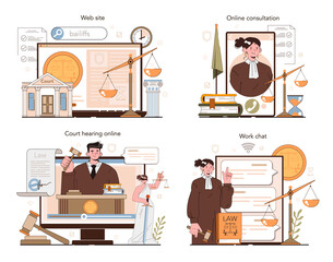 Judge online service or platform set. Court worker stand for justice and law