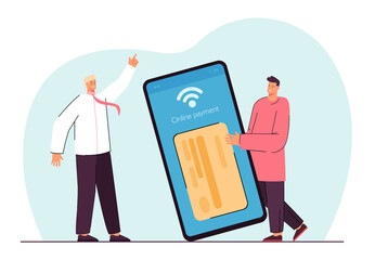 Man using online payment system. Male characters holding mobile phone with credit card on screen. Technology, payment concept for website or landing page concept for website or landing page