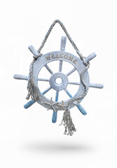 Obraz premium the steering wheel is decorative wooden with an isolated object rope.