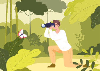 Man taking pictures of butterfly. Vector illustration of male character with big camera picturing nature in jungle or forest. Hobby, nature, leisure concept for website of landing page
