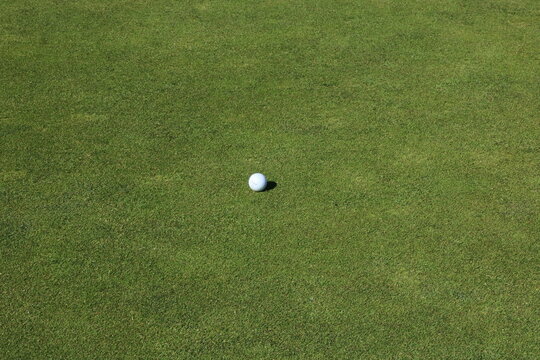 Single golf ball on grass background with space for copy