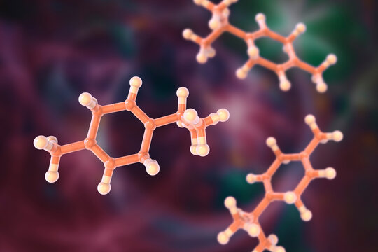 Gamma-terpinene molecule, 3D illustration. Naturally occurring organic compound found in essential oils of lime, mandarin, marjoram, tea tree, and other plants. Has antiseptic, antifungal properties