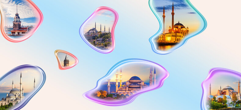 Maiden s and Galata Tower, Suleymaniye, Ortakoy, Hagia Sophia and Blue Mosque, images in the collage of Istanbul, Turkey