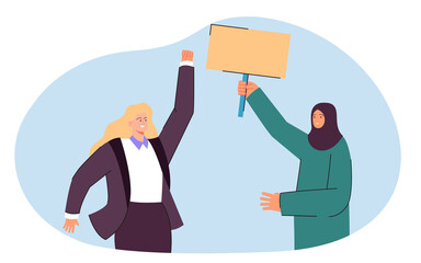 Women of different nationalities protesting together. Caucasian and Muslim women holding banner. Feminism, protest concept for website or landing page