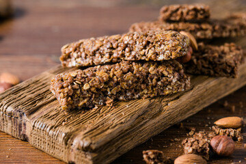 arious healthy granola bars (muesli or cereal bars). Set of energy, sport, breakfast and protein bars.