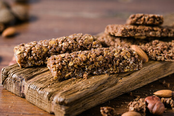 arious healthy granola bars (muesli or cereal bars). Set of energy, sport, breakfast and protein bars.