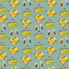 Cute spring seamless pattern on a green background with delicious peaches and beautiful gardening tools. Texture for scrapbooking, wrapping paper, invitations.Vector illustration.