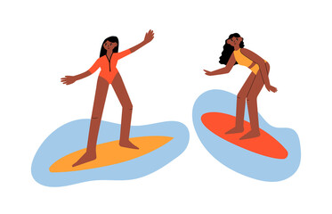 Cute women surfing in the sea. Girl in swimsuit on the surfboard. Summer vector illustration. Diversity equality concept. 