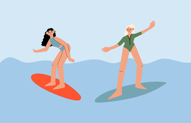 Cute women surfing in the sea. Girl in swimsuit on the surfboard. Summer vector illustration