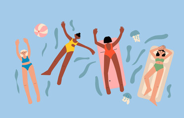 Vector illustration of diverse women swimming, relaxing and sunbathing on a mattress in the sea. Top view summer illustration with people, mattress, jellyfish and ball. Diversity equality concept. 