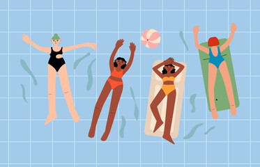 Vector illustration of diverse women swimming, relaxing and sunbathing on a mattress in the pool. Top view summer illustration with people, mattress and ball. Diversity equality concept. 
