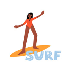 Cute woman surfing in the sea. Girl in swimsuit on the surfboard. Summer vector illustration on isolated background. Happy black afro american woman. Diversity equality concept. Surf lettering