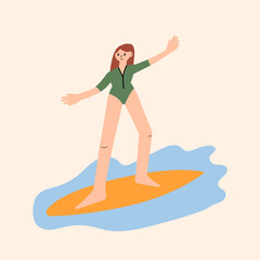 Cute woman surfing in the sea. Girl in swimsuit on the surfboard. Summer vector illustration on isolated background. Travel greeting card
