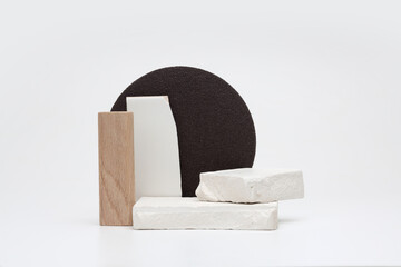 Stack stones platform podium and black circle on gray light copy spase background. Minimal empty display product presentation scene.