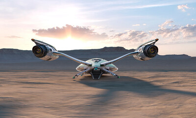 spaceship is landed is getting ready to take off in desert sunset rear view © DM7
