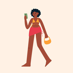 Cute woman walking with phone and fashion bag. Girl in bikini and pareo skirt. Summer beach vector illustration on isolated background. Happy black afro american woman. Diversity equality concept. 