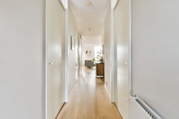 Narrow corridor with white walls and doors leading to spacious room with windows and parquet floor...