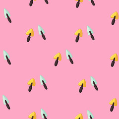 Cute Spring seamless pattern on pink background with cute gardening tools. Texture for scrapbooking, wrapping paper, invitations. Vector illustration.