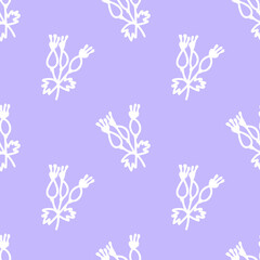 Fototapeta na wymiar Seamless pattern with fall botanicals in a white line on a trendy lilac background.Repeating,floral print in color 2022 in a minimalist style.Designs for textiles,wrapping paper,fabric,packaging.
