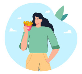 Fototapeta na wymiar Girl with french fries in paper box flat vector illustration. Woman enjoying taste of fast food. Junk food, unhealthy lifestyle, nourishment concept for banner, website design or landing web page
