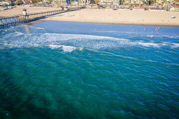 Aerial Above the Pacific Ocean Showing the Shoreline of Huntington Beach California