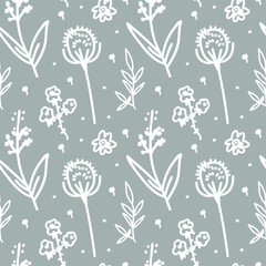 Seamless pattern with fall botanicals in a white line on a gray background.Repeating,floral print in a minimalist style.Designs for textiles,wrapping paper,fabric,packaging.