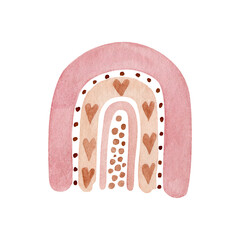 Pink rainbow with ornament - hearts, dots. Boho style. Clipart for baby textile, poster, print, nursery decor, children decoration, kids room. Watercolor illustration isolated on white background.