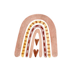 Pink rainbow with ornament - hearts and dashes. Boho style. Clipart for baby textile, prints, nursery decor, children decoration, kids room. Watercolor illustration isolated on white background.