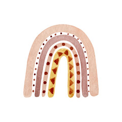 Pink rainbow with ornament - dots and triangles. Boho style. Clipart for baby textile, poster, print, nursery decor, children decoration. Watercolor illustration isolated on white background.