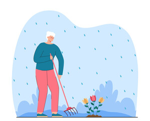 Senior woman gardening. Female character raking flowers. Raining. Leisure, gardening concept for website or landing page
