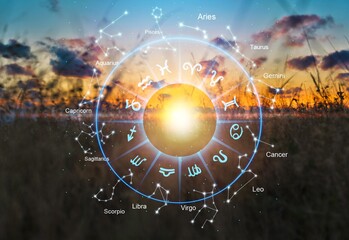 Zodiac signs inside of horoscope circle. Astrology in the sky with stars