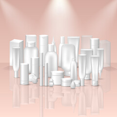Big set with vector cosmetic items - lotion, cream, shampoo, oil, gel, mascara, beauty sponges, powder puff, etc. 3d mockup of white bottles, jars, tubes, containers, boxes, packages on pink podium