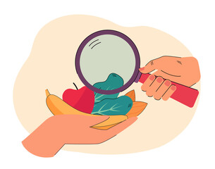 Hand with magnifying glass exploring groceries. Female hand holding fruits and vegetables. Choosing products concept for website or landing page