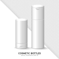 Two white matte cosmetic bottles with lid. Skincare product mockup for logo design. 3D blank plastic cosmetic containers. Vector lotion, gel, cream, shampoo, moisturizer template