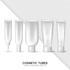 Collection of different tubes for cream, lotion, gel, moisturizer, serum, emulsion, tonic. Skin care and treatment products template. Mockup of white cosmetic containers, boxes, packages, bottles