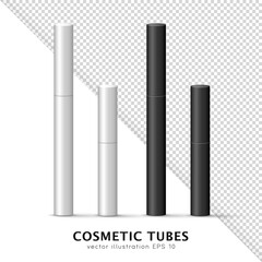 Mockup of black and white blank thin tube - mascara, lip gloss, gel, eyeliner, oil, etc. 3D vector cosmetic package, bottle, flacon template for your design.