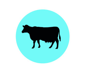 Cow silhouette label. Vector illustration. Organic natural food logo for everyday eco products. Farm cattle symbol drawing.
