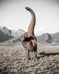 alamosaurus is prancing in the plains and mountains front view