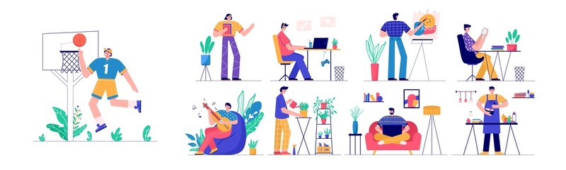 Trendy people playing guitar, read book, gardening, gaming, blogging, podcasting . Set of man and woman enjoying their hobbies, work, leisure. Vector illustration in flat cartoon style.