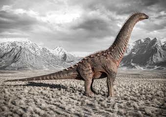 alamosaurus is standing up in the plains and mountains side view