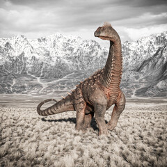 alamosaurus is walking in the plains and mountains cool view