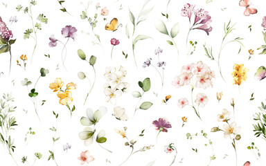 seamless floral watercolor pattern with garden pink, yellow flowers, leaves, branches. Botanic tile, background. - 511107512