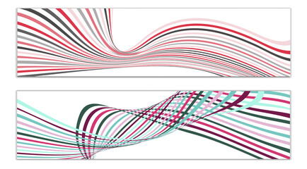 Wavy lines or ribbons. Set of 2 covers. Multicolored striped. Creative unusual background with abstract wave lines for creating a trendy banner, poster. vector eps