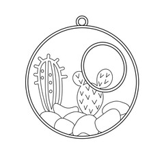 Coloring page for children. Cactuses in decorative round glass terrarium. Vector black and white illustration.