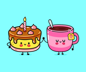 Cute, funny happy cup of tea and cake character. Vector hand drawn cartoon kawaii characters, illustration icon. Funny cartoon cup of tea and cake friends concept