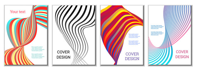 A set of 4 abstract covers. Wavy parallel gradient lines, ribbons evolve. Cover design, background. Trendy banner, poster.