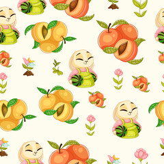 Cute Spring seamless pattern on a white background with cute bunnies, delicious peaches and beautiful flowers and plants. Texture for scrapbooking, wrapping paper, invitations. Vector illustration.