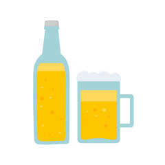 Flat-style bottle and mug of beer on white background